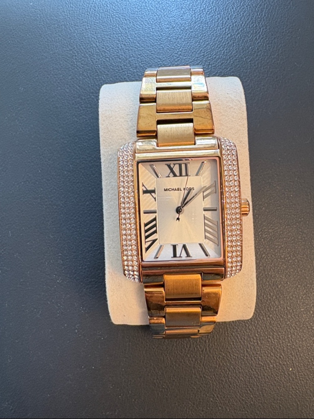Michael Kors Rose Gold-Tone Crystal Rectangular Bracelet Watch